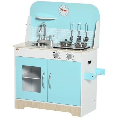 Qaba Wooden Play Kitchen, Kids Kitchen Playset With Sound Effects And Lights, Children's Imaginative Pretend Toy, Faucet Clock, 3-6 Years Old, Blue 5 Qaba Wooden Play Kitchen, Kids Kitchen Playset With Sound Effects And Lights, Children's Imaginative Pretend Toy, Faucet Clock, 3-6 Years Old, Blue - Image 3