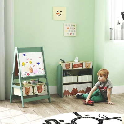 Qaba Kids Toy Organizer And Kids Easel Set With 6 Storage Bins, Paper Roll, Blackboard, Whiteboard, Cute Bear Design, For Ages 3-8 Years, Green 4 Qaba Kids Toy Organizer And Kids Easel Set With 6 Storage Bins, Paper Roll, Blackboard, Whiteboard, Cute Bear Design, For Ages 3-8 Years, Green - Image 2