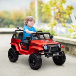 Qaba 12V Ride On Car, Ride On Truck, Battery Powered Toy Car With Remote, 4 Suspension Wheels, 3 MPH Max Speeds, Music, Horn & Lights, Red