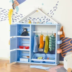 Qaba Kids Toy Storage Organizer With 2 Bins, Coat Hanger, Bookshelf And Toy Collection Shelves