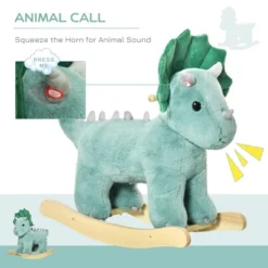 Qaba Kids Plush Ride-On Rocking Horse Triceratops-shaped Plush Toy Rocker With Realistic Sounds For Child 36-72 Months Dark Green -Children Toys Discount GUEST 326aae64 a4e4 48a6 ab61 e6add2b4f5dd