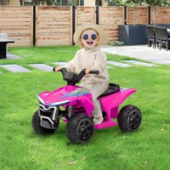 Qaba Kids ATV Quad, 6V Ride On Toy With Rechargeable Battery, Light, Music, Forward & Reverse, 4 Wheeler Battery Powered For Boys Girls, Pink