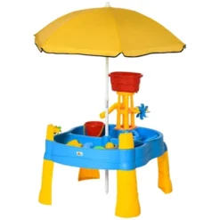 Qaba Kids 2-in-1 Water Table 25Pcs Sand Table Enlarged Sized Indoor Outdoor Play Table With Adjustable Sun Umbrella, Multi-colored -Children Toys Discount GUEST 376ebb31 9280 4c96 966d b13aa87643ce