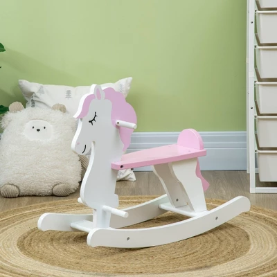Qaba Little Wooden Rocking Horse Toy For Kids' Imaginative Play, Children's Small Baby Rocking Horse Ride-on Toy For Toddlers 1-3, Pink And White 3 Qaba Little Wooden Rocking Horse Toy For Kids' Imaginative Play, Children's Small Baby Rocking Horse Ride-on Toy For Toddlers 1-3, Pink And White
