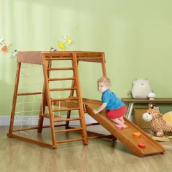 Qaba 6-in-1 Indoor Jungle Gym Playground With Slide, Climbing Wall, Rope Climber, Monkey Bars, Swing, Toddler Climbing Toys For 3-10 Years Old, Wood