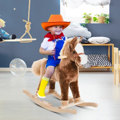 Qaba Kids Rocking Horse, Plush Toddler Rocker, Wooden Base Ride-On Toy With Handle Grip, Traditional Toy For Kids 36M+, Brown 4 Qaba Kids Rocking Horse, Plush Toddler Rocker, Wooden Base Ride-On Toy With Handle Grip, Traditional Toy For Kids 36M+, Brown - Image 2