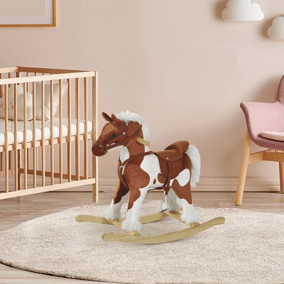 Qaba Kids Plush Ride-On Toy Rocking Horse Toddler Plush Animal Rocker With Nursery Rhyme Music - Light Brown / White 3 Qaba Kids Plush Ride-On Toy Rocking Horse Toddler Plush Animal Rocker With Nursery Rhyme Music - Light Brown / White