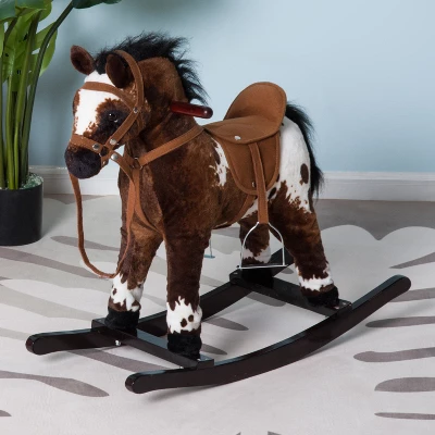 Qaba Kids Metal Plush Ride-On Rocking Horse Chair Toy With Realistic Sounds - Dark Brown/White 3 Qaba Kids Metal Plush Ride-On Rocking Horse Chair Toy With Realistic Sounds - Dark Brown/White
