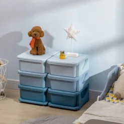 Qaba 3 Tier Kids Storage Unit With 6 Drawers Chest Toy Organizer Plastic Bins For Kids Bedroom Nursery Living Room For Boys Girls Toddlers, Blue