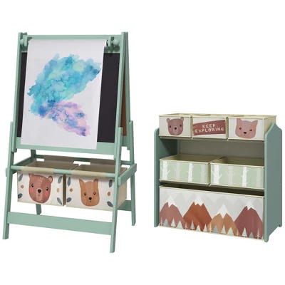 Qaba Kids Toy Organizer And Kids Easel Set With 6 Storage Bins, Paper Roll, Blackboard, Whiteboard, Cute Bear Design, For Ages 3-8 Years, Green 5 Qaba Kids Toy Organizer And Kids Easel Set With 6 Storage Bins, Paper Roll, Blackboard, Whiteboard, Cute Bear Design, For Ages 3-8 Years, Green - Image 3