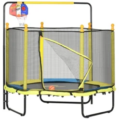 Qaba 4.6' Kids Trampoline With Basketball Hoop, Horizontal Bar, 55" Indoor Trampoline With Enclosure Net, Ages 1-10, Yellow -Children Toys Discount GUEST a277e91d e35a 42d9 9836 a77b98d58846