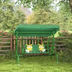Qaba Kids Patio Swing, 2-Seater Outdoor Porch Swing Bench With Adjustable Canopy, Safety Belt For Patio, Garden, Poolside, Balcony