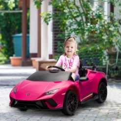 Qaba 12V Lamborghini Huracan Licensed Kids Electric Car With Parent Remote Control, Spring Suspension, Transport Wheel, Soft Start, LED Lights, Pink
