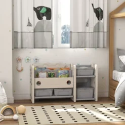 Qaba Kids Toy Storage, 2 Tier Toy Organizer With 4 Storage Boxes, Bookshelves For Kids Room, Nursery, Playroom, Cream White