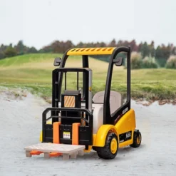 Qaba 12V Kids Ride On Forklift Car With Top, 360° Rotation Electric Ride On Excavator With Liftable Fork And Pallet, Music, Yellow