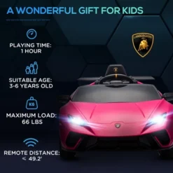 Qaba 12V Lamborghini Huracan Licensed Kids Electric Car With Parent Remote Control, Spring Suspension, Transport Wheel, Soft Start, LED Lights, Pink -Children Toys Discount GUEST b2e93f02 59fb 4f9c bbbf abfccf61b5cc