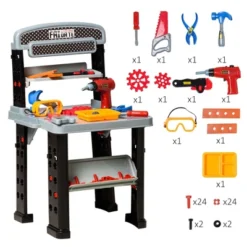 Qaba Kids Workbench 79-Piece Construction Playset Toy With Battery-Powered Drill, Hammer, Saw, Storage Tray For Ages 3+, Black And Gray -Children Toys Discount GUEST b44c2dd6 73f6 49e0 8383 919ce44e4258