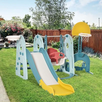 Qaba 5 In 1 Kids Slide And Swing Set With Basketball Hoop, Soccer Goal, Ring Toss Game, Adjustable Height, Water-fillable Base, Playset Playground Toy 3 Qaba 5 In 1 Kids Slide And Swing Set With Basketball Hoop, Soccer Goal, Ring Toss Game, Adjustable Height, Water-fillable Base, Playset Playground Toy
