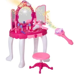 Qaba Infrared Remote Control Kids Dress-up Vanity Table Chair Girls Pretend Dressing Table Set With Music And Lightening Cosmetic Mirror Hair Dryer -Children Toys Discount GUEST bd707bb3 807b 4cd4 afdc 24c807592366