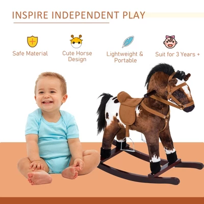 Qaba Kids Metal Plush Ride-On Rocking Horse Chair Toy With Realistic Sounds - Dark Brown/White 4 Qaba Kids Metal Plush Ride-On Rocking Horse Chair Toy With Realistic Sounds - Dark Brown/White - Image 2