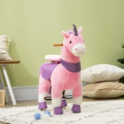 Qaba Ride On Real Walking Unicorn With Sparkly Horn, Soft Plush Ride On Rocking Horse Bearing 176lbs, Imaginative Interactive Toy For Kids, Unicorn