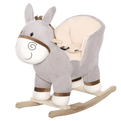 Qaba Kids Rocking Chair, Plush Ride On Rocking Horse Donkey With Sound, Wood Base Seat, Safety Belt, Baby Toddler Rocker Toy For 18 - 36 Months, Gray 5 Qaba Kids Rocking Chair, Plush Ride On Rocking Horse Donkey With Sound, Wood Base Seat, Safety Belt, Baby Toddler Rocker Toy For 18 - 36 Months, Gray - Image 3