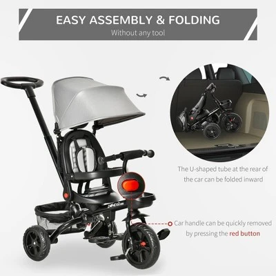 Qaba Baby Tricycle 4 In 1 Trike, Reversible Angle Adjustable Seat Removable Handle Canopy Handrail Belt Storage Footrest Brake For 1-5 Years Old Gray 5 Qaba Baby Tricycle 4 In 1 Trike, Reversible Angle Adjustable Seat Removable Handle Canopy Handrail Belt Storage Footrest Brake For 1-5 Years Old Gray - Image 4
