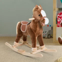 Qaba Kids Plush Toy Rocking Horse Ride On With Realistic Sounds - Brown