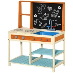 Qaba Kids Kitchen Playset, Wooden Pretend Play Kitchen Toy Set For Toddlers With Chalkboard, Removable Sink, Faucet, Storage Shelves, For 3-8 Years -Children Toys Discount GUEST eb39c917 653e 4810 9083 fb0e7a9fa3b9